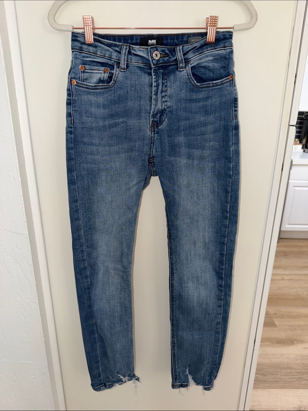 I & M Black Label Blue Denim High Rise Straight Jeans with Distressed Hem | 0